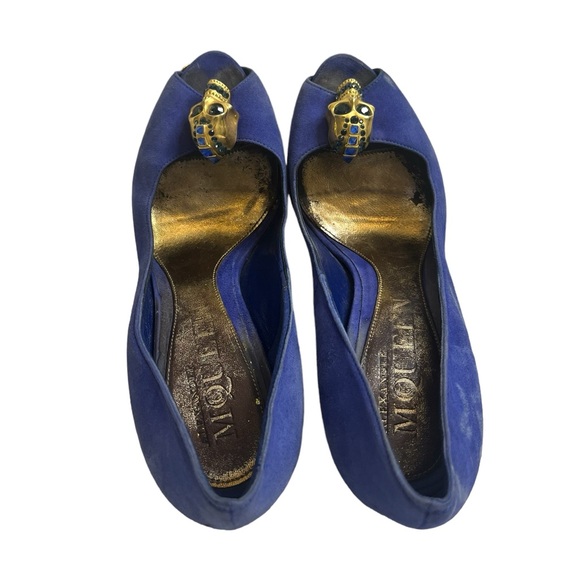 Alexander McQueen Blue Suede Skull Studded Platform Peep Heels 36 - Picture 9 of 12